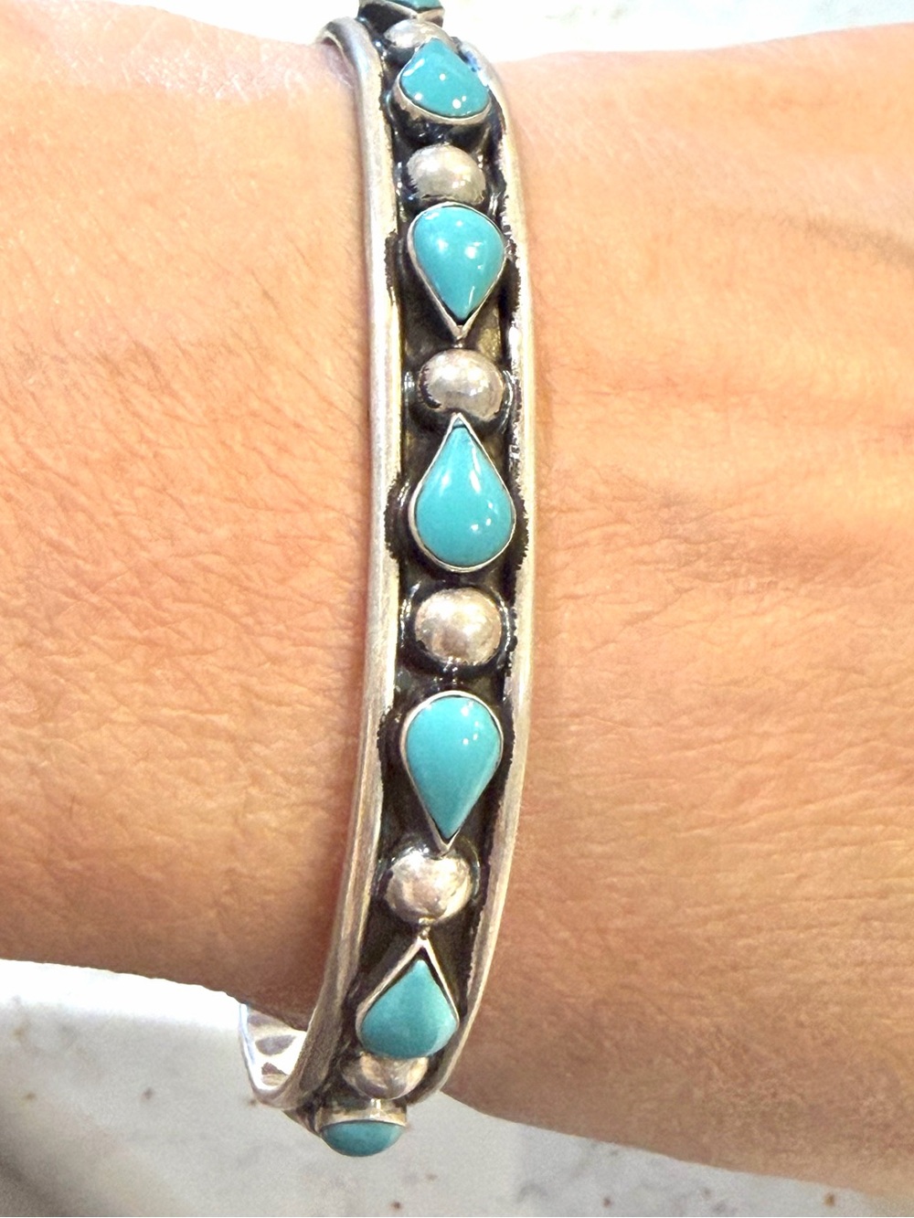 Vintage Mexican Sterling Silver Turquoise Cuff Bracelet (14.2 Grams / 2.5” Wide)